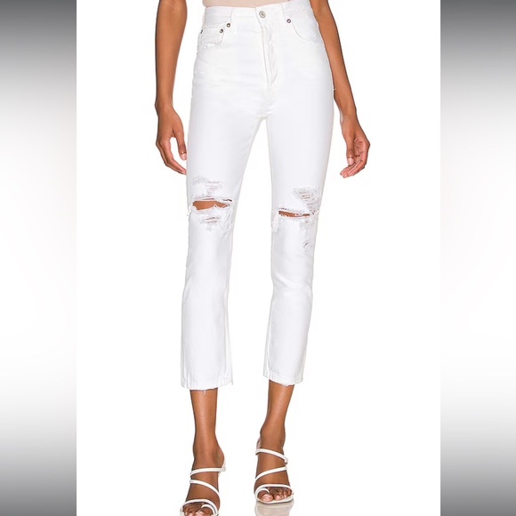 Agolde Denim - Agolde Riley High Rise Straight Crop in Slant White with Distressing